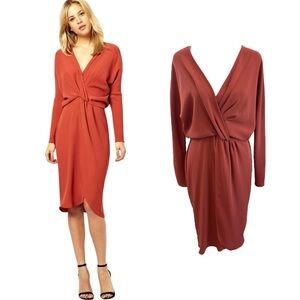 ASOS Front Slit Gathered V Neck Midi Pencil Dress Rust Orange 0115